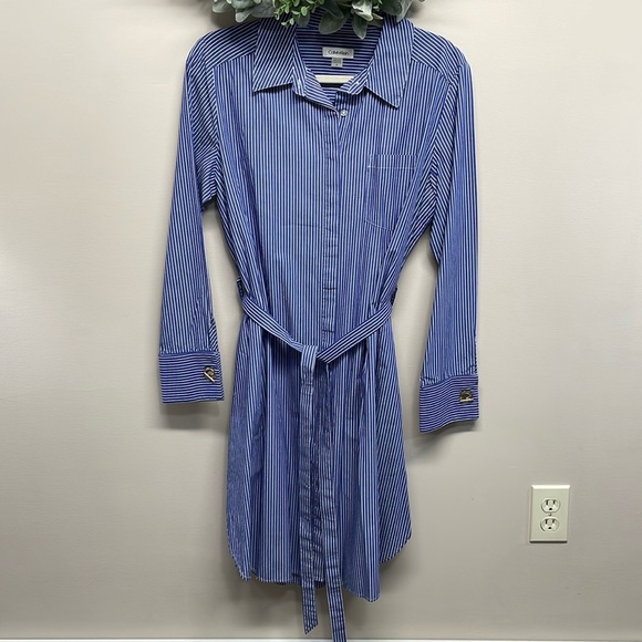 NWOT Calvin Klein Long Sleeve Striped Shirt Dress Pockets Gold Toggle 12 - Picture 1 of 16